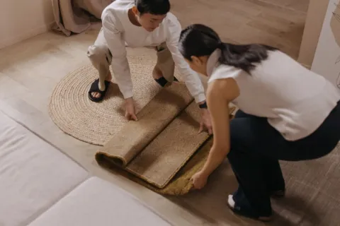 Karpet motif minimalis di lantai ruang tamu dengan sofa dan meja kayu, contoh tips memilih karpet rumah
