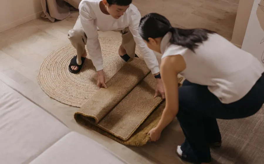 Karpet motif minimalis di lantai ruang tamu dengan sofa dan meja kayu, contoh tips memilih karpet rumah